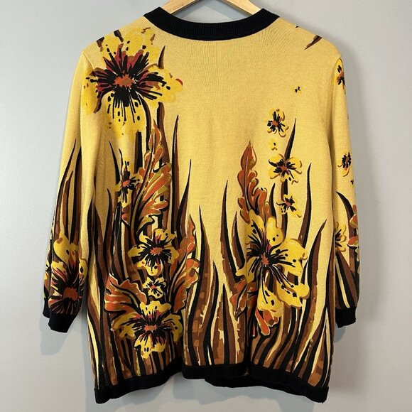 Bob Mackie Wearable Art Floral Cardigan Sweater Size Large Yellow Brown - Picture 4 of 10